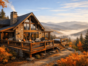 Luxury mountain cabin in Gatlinburg TN with large deck overlooking Smoky Mountains at sunrise