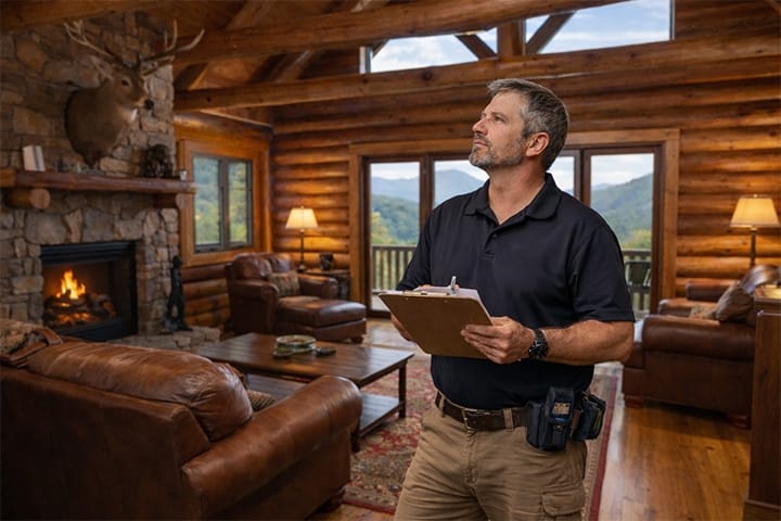 Home inspector evaluating a log cabin's interior in Gatlinburg, TN, with a clipboard, showcasing a professional inspection in a mountain home.