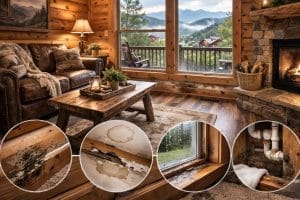 A cabin living room with water damage and mold in various areas, including the floor, window frame, and plumbing.