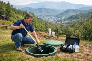 Home inspector checking a septic system in a rural area with mountains in the background.