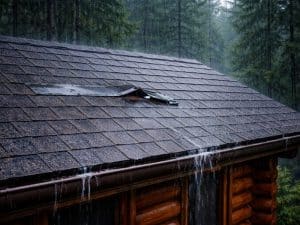 Cabin roof in Gatlinburg TN with rainwater running off shingles and slightly lifted flashing during a storm