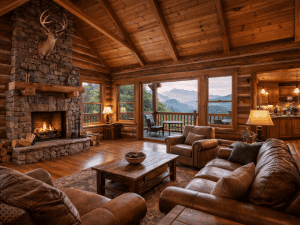 A cozy living room with a stone fireplace and mountain views in an East Tennessee cabin, perfect for a mountain home inspection.