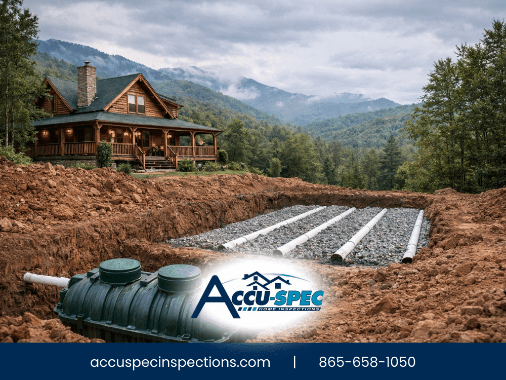 Septic system installation at a mountain home in East Tennessee, with pipes and gravel ready for inspection to ensure proper functionality.