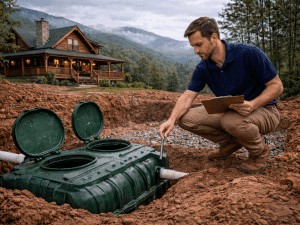 A home inspector performing a septic system inspection at a mountain home in East Tennessee, ensuring the system is functioning properly.