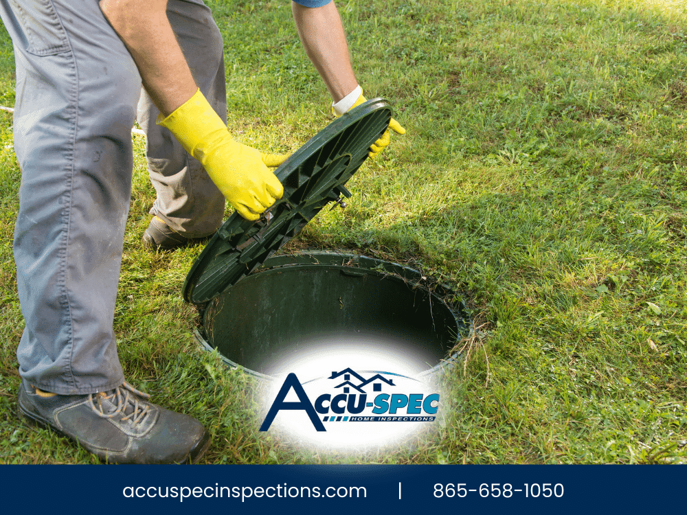 Inspector opening a septic tank lid during a home inspection in Gatlinburg, TN to check the system condition.