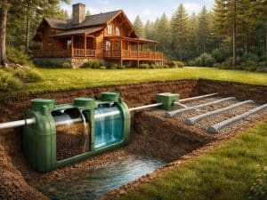 Septic system with tank and drain field at a cabin property in Gatlinburg TN, illustrating wastewater management for a mountain home