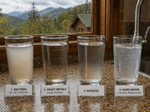 Four glasses of water labeled with contaminants including bacteria, heavy metals, nitrates, and hard water in a Gatlinburg TN home