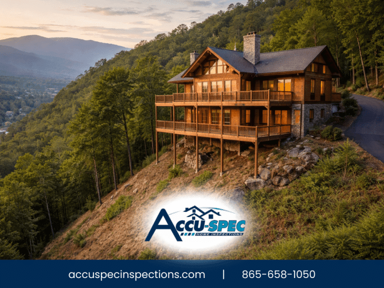 A home perched on a hillside in Sevierville, TN, showing visible slope movement and erosion risks.