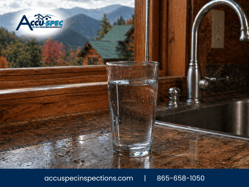 Glass of clear water on a kitchen counter near a sink in a Gatlinburg TN cabin with mountain views