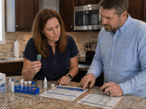 Homeowners reviewing water testing results with sample vials in a Gatlinburg TN kitchen