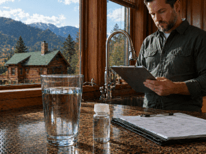 Home inspector reviewing water test results next to a glass of water in a Gatlinburg TN cabin kitchen with mountain views,