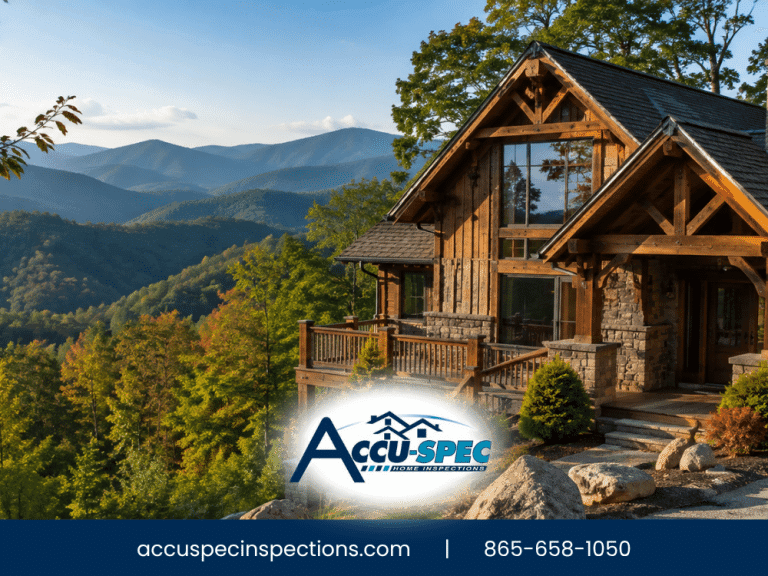 Log cabin in Sevierville TN overlooking the Smoky Mountains with Accu-Spec Inspection Services branding