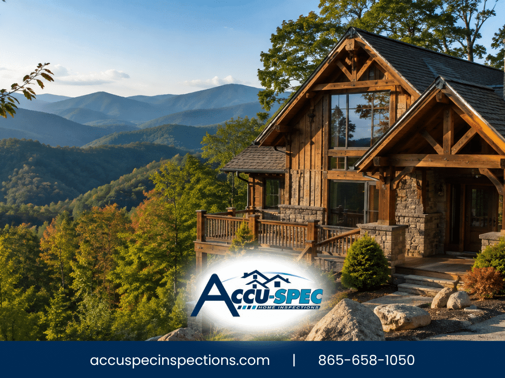 Log cabin in Sevierville TN overlooking the Smoky Mountains with Accu-Spec Inspection Services branding