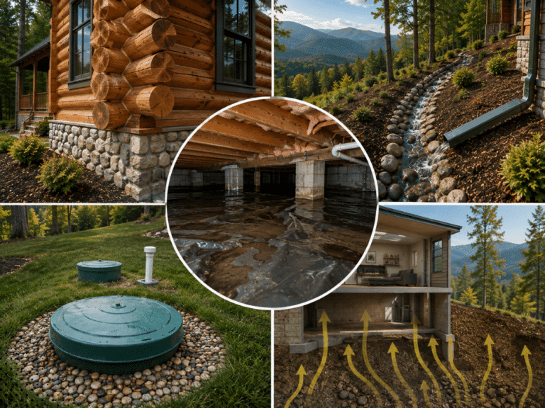 Smoky Mountain home inspection showing log construction, crawl space moisture, hillside drainage, and septic system